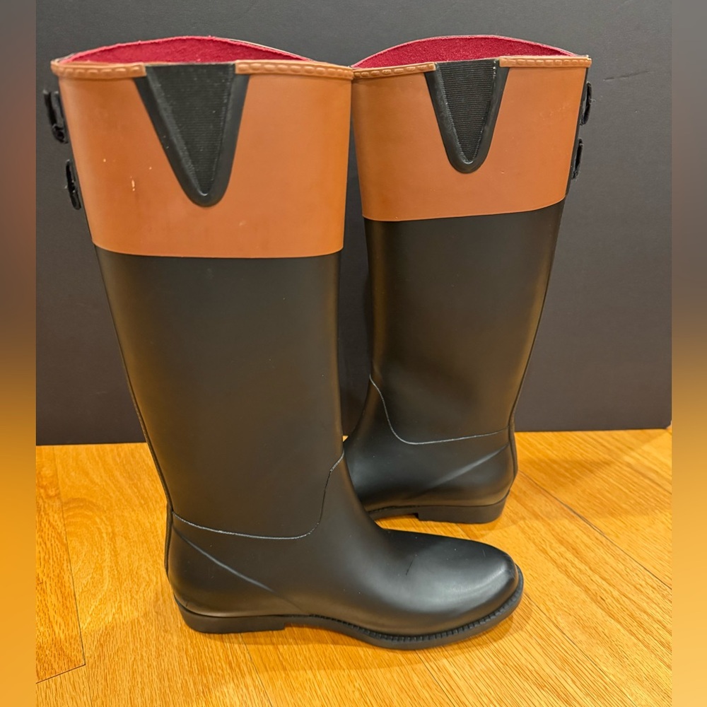 Tommy Hilfiger women Tall Black and Tan Matte Rubber Rain Boots Size 7 - Picture 8 of 16